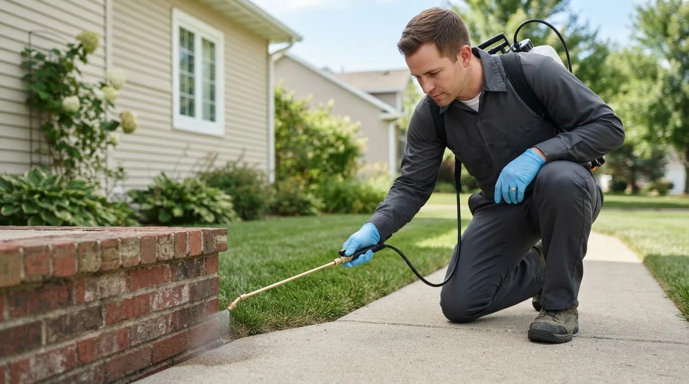 Pest control technician treating a home near Amherst Junction, WI