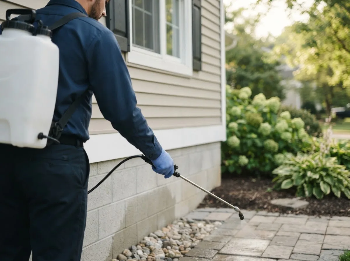 Pest control technician inspecting a home in Amherst Junction, WI